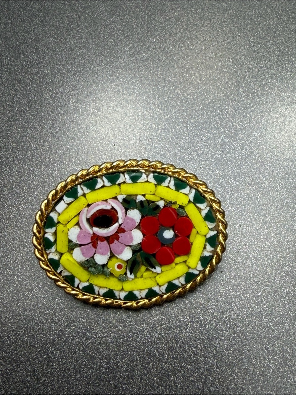 Vintage Floral Mosaic Oval Brooch in Yellow, Pink & Red #mo169